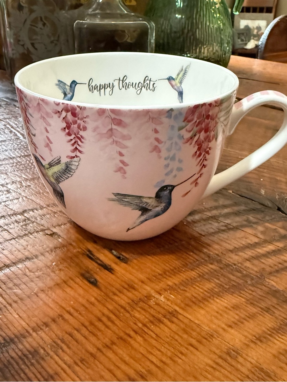 “Happy Thoughts” Hummingbird Pink Floral Ceramic Mug